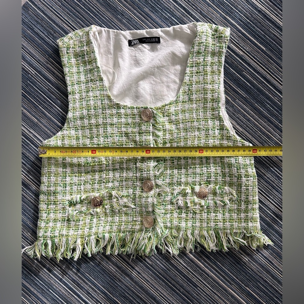 ZARA Sz M Green /White Cotton Tweed Vest Crop Top with Gold Tone Buttons - Picture 3 of 7